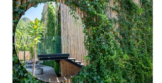 Round garden mirror idea on an ivy wall