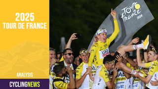NICE, FRANCE - JULY 21: (EDITOR'S NOTE: Alternate crop) Tadej Pogacar of Slovenia - Yellow Leader Jersey, Pavel Sivakov of France, Marc Soler of Spain, Nils Politt of Germany, Adam Yates of The United Kingdom, Joao Almeida of Portugal, Tim Wellens of Belgium and UAE Team Emirates celebrate at podium as best team prize winners during the 111th Tour de France 2024, Stage 21 a 33.7km individual time trial from Monaco to Nice / #UCIWT / on July 21, 2024 in Nice, France. (Photo by Dario Belingheri/Getty Images)