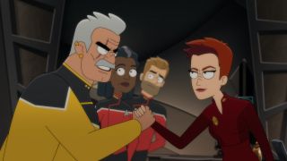 Shaxs and Kira Nerys locking hands in Star Trek: Lower Decks' Deep Space Nine tribute episode
