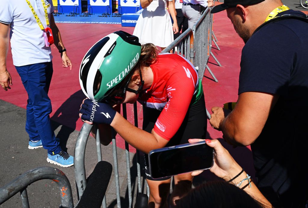 AMNEVILLE FRANCE AUGUST 15 Stage winner Blanka Vas of Hungary and Team SD Worx Protime reacts after the 3rd Tour de France Femmes 2024 Stage 5 a 1522km stage from Bastogne to Amneville UCIWWT on August 15 2024 in Amneville France Photo by Dario BelingheriGetty Images