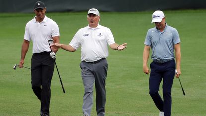 Tiger Woods, Fred Couples and Justin Thomas take part in their final practice round before the 2022 Masters