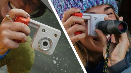 A woman holding the Nocs Provisions Portal AFN7 camera, next to a woman holding a monocular in front of one