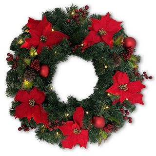 Flexible Flyer 24” Pre-Lit Christmas Wreath for Front Door. Outdoor Battery-Operated Evergreen, Poinsettia