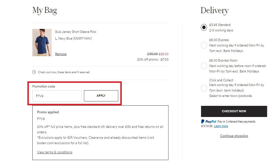Boden discount code screenshot - showing where to enter code on website