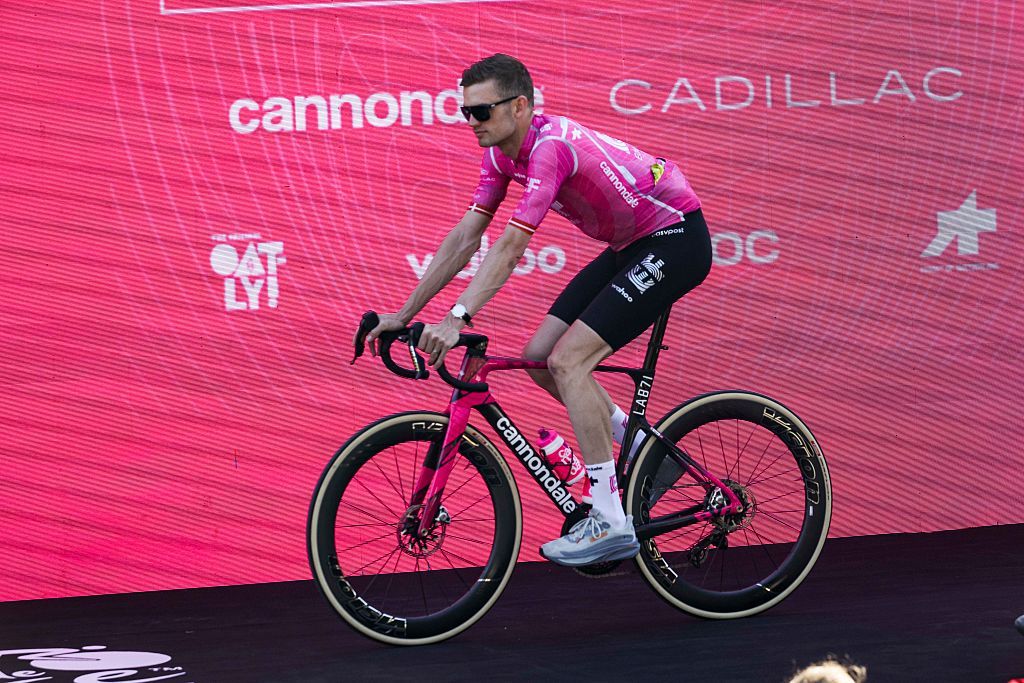 Kasper Asgreen of Team EF Education-Easypost, riding Cannondale bikes, is seen during the team presentation at the Grand Depart