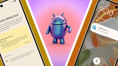 Two Android phones running Android 16 either side of the Android robot logo on a pink and purple backdrop