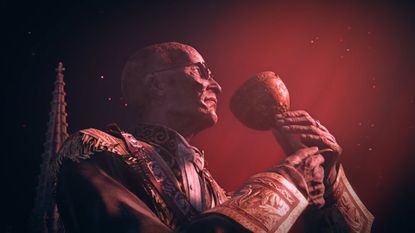 The Duskbloods trailer screenshot showing a bald old man with small glasses raiding a chalice up to his mouth