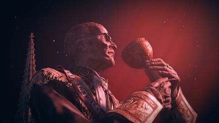 The Duskbloods trailer screenshot showing a bald old man with small glasses raiding a chalice up to his mouth