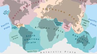 An illustrated world map of plate tectonics in different colors.