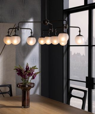 Dining room with hanging lighting, vase