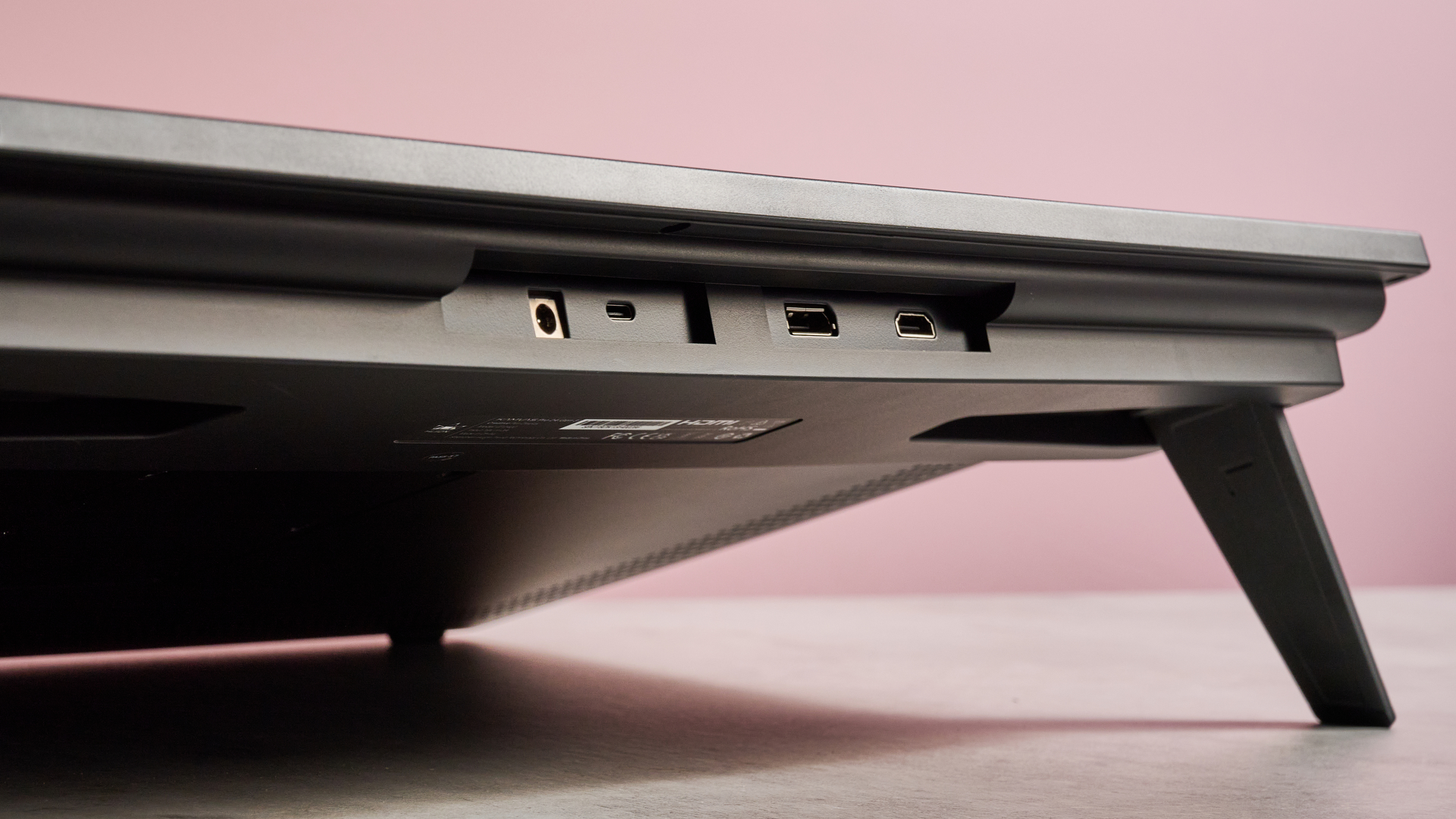 A close-up of the rear of the Huion Kamvas Pro 24 Gen 3, showing its HDMI port, DisplayPort, power port and USB-C port.