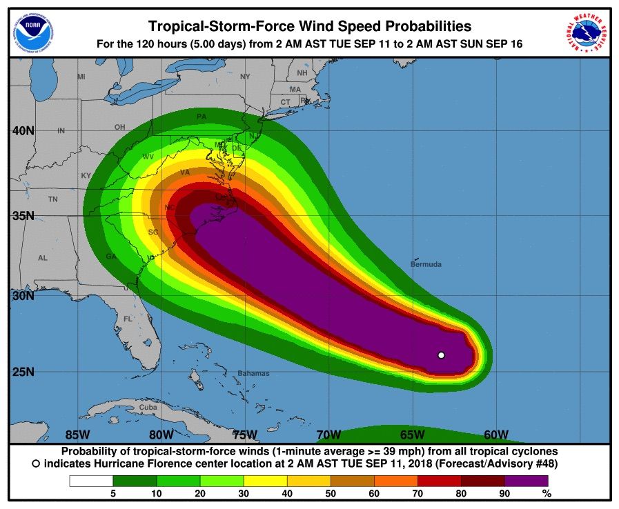 The probability (with magenta being the highest probability) that Hurricane Florence will reach tropical-storm-force winds.