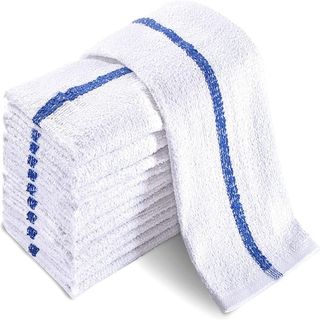 Pack of white cleaning towels with blue stripe