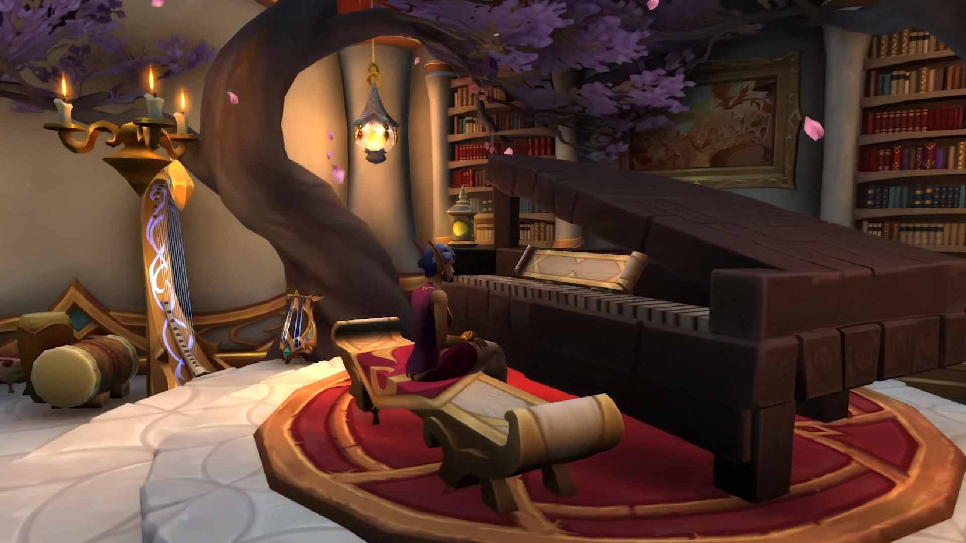 An elf sits at a custom-made grand piano in World of Warcraft's player housing system.