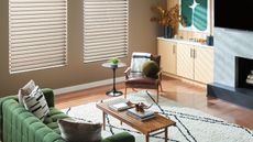 Colorful living room with green velvet sofa, wooden coffee table, black and white rug, brown armchair, two closed blinds, and wooden floors. A TV and fireplace is pictured to the right.