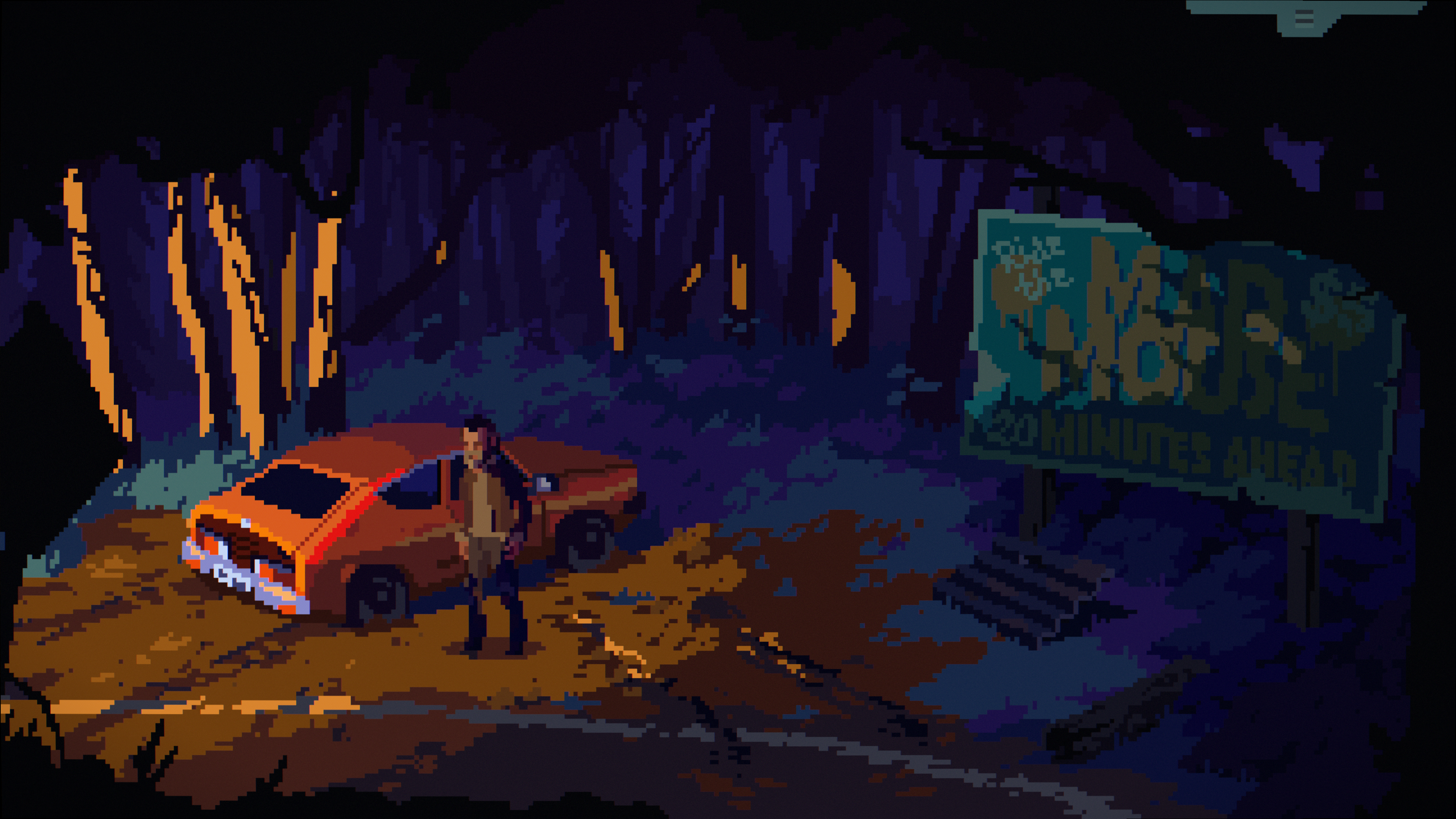 The Drifter; a pixel art game, a car in a wood