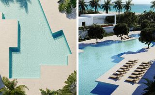 Two side-by-side photos overlooking Fasano's outdoor pool.