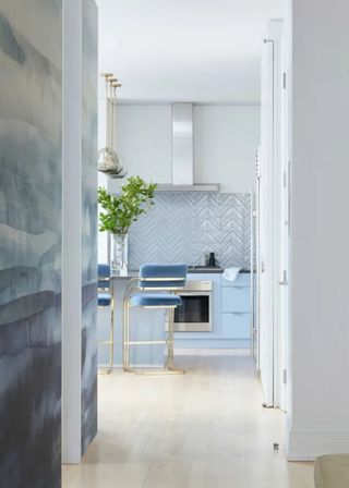 corridor leading to modern pale blue kitchen