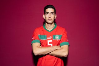 Nayef Aguerd of Morocco poses during the official FIFA World Cup Qatar 2022 portrait session on November 15, 2022 in Doha, Qatar.