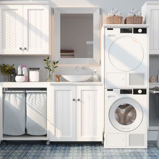 laundry room with blue floor tiling, sink area and washing machine