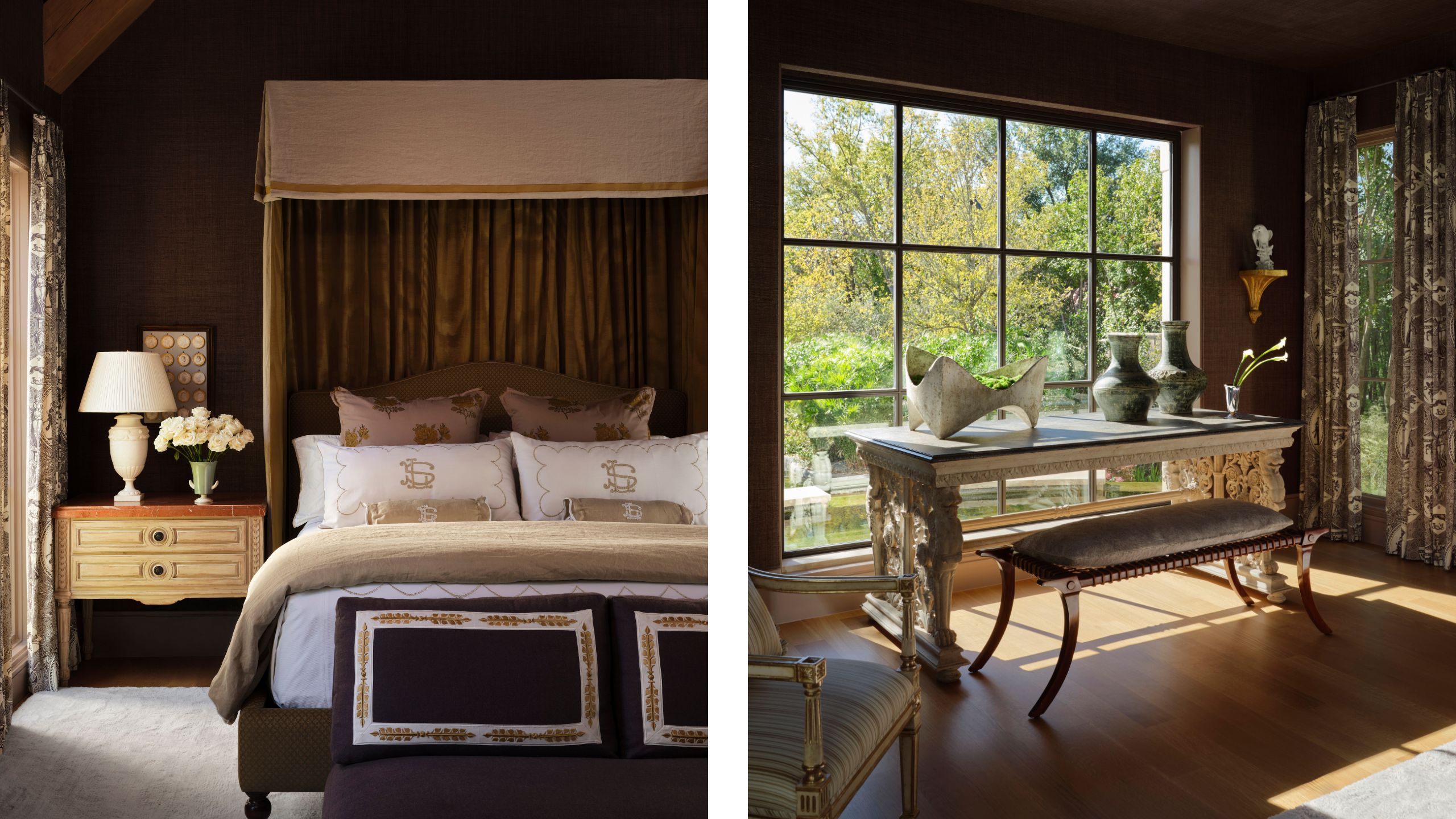 two side by side images of a dark moody brown bedroom with large windows canopy bed and antique furniture