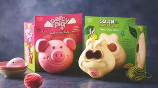 Pink pig chocolate and white chocolate caterpillar with brand boxes