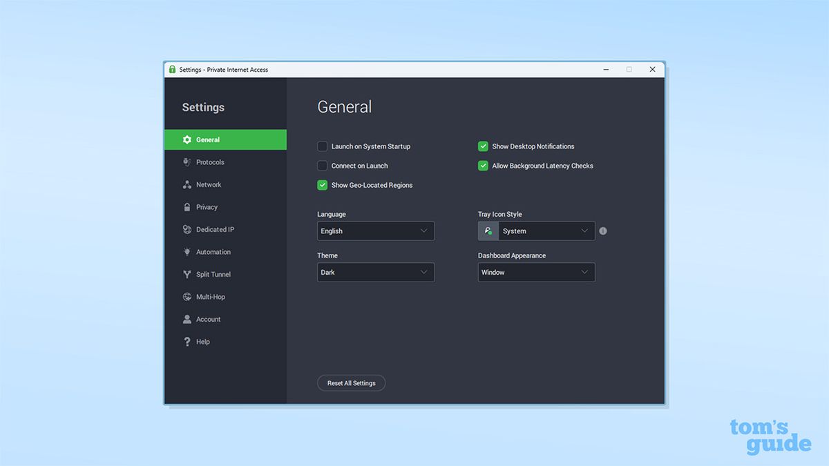 PIA's general settings on its Windows app.