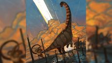 An illustration of Alamosaurus rearing as the dinosaur-ending asteroid struck Earth. 