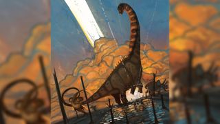 An illustration of Alamosaurus rearing as the dinosaur-ending asteroid struck Earth.