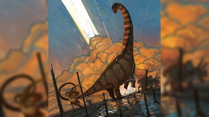 An illustration of Alamosaurus rearing as the dinosaur-ending asteroid struck Earth.