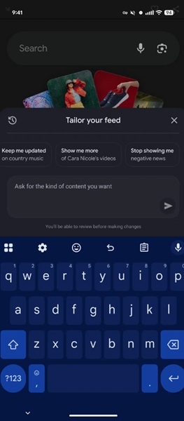 Google's "Tailor your feed" test will let users enter their own prompt, alongside a few suggestions for how their should tailor their Discover feed.