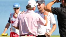 Lee Hodges get his milkshake on the 18th green from his old coach after winning the 3M Open