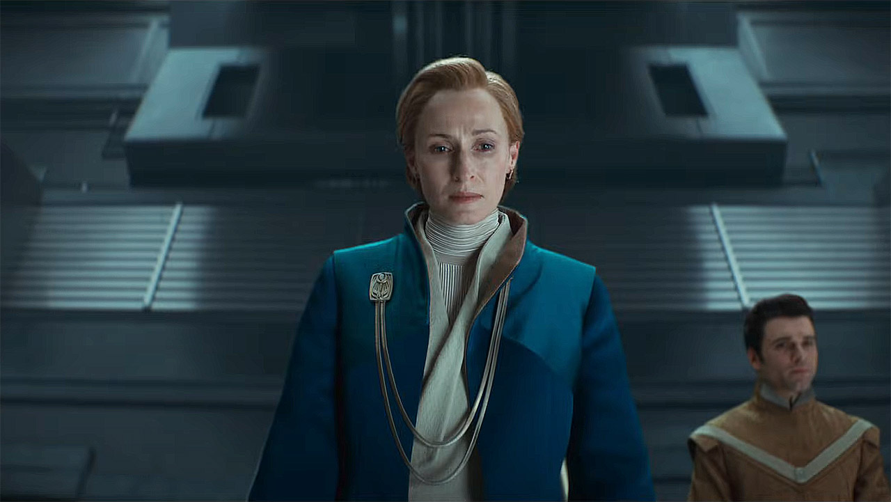 Genevieve O'Reilly's Mon Mothma preparing to give her famous Senate speech in Andor season 2 episode 9