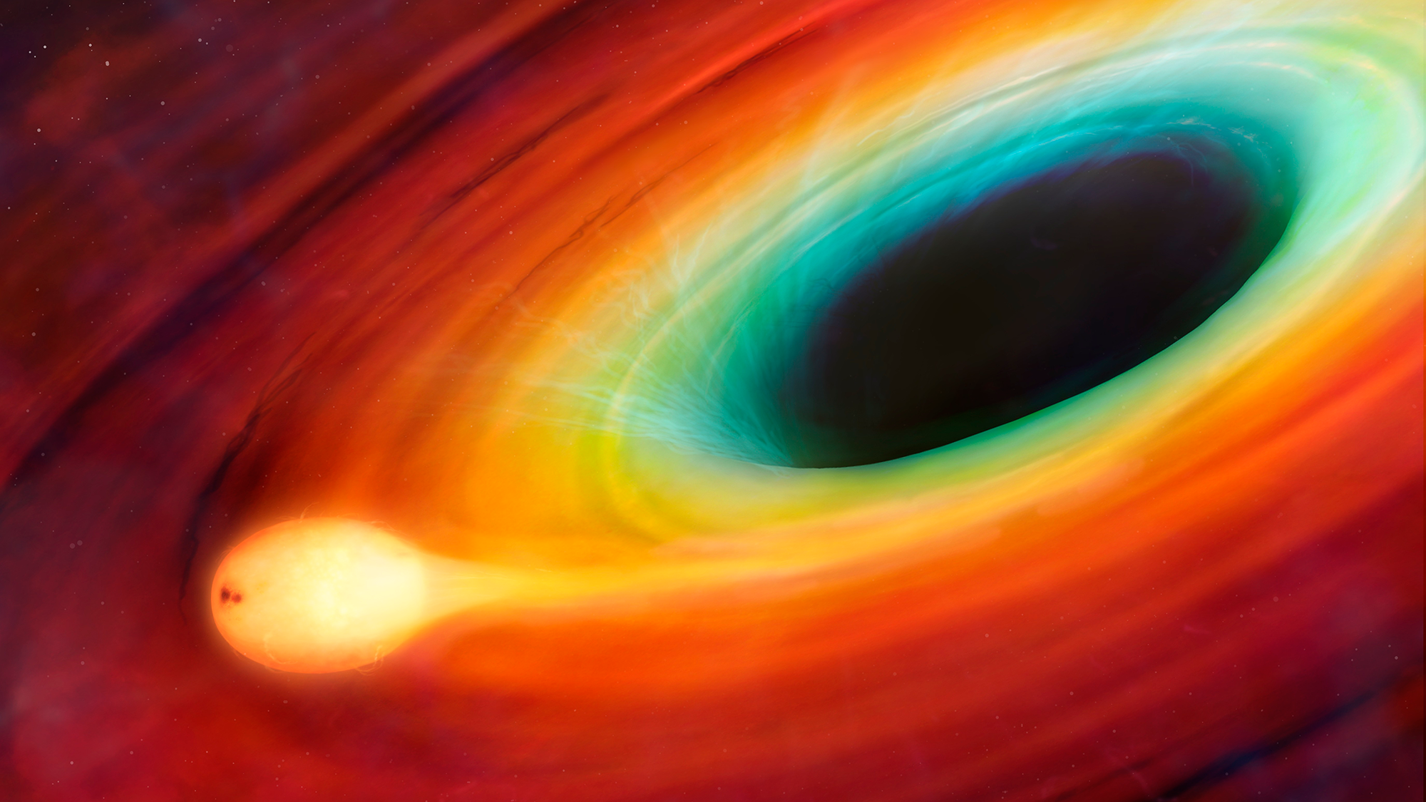 An illustration of a black hole, swirling with rainbow colors, being orbited by a glowing ball of light
