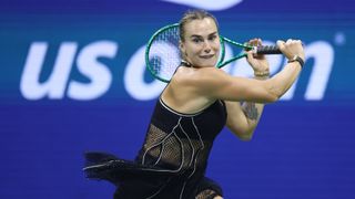 Aryna Sabalenka returns a shot during the 2026 US Open at USTA Billie Jean King National Tennis Center.
