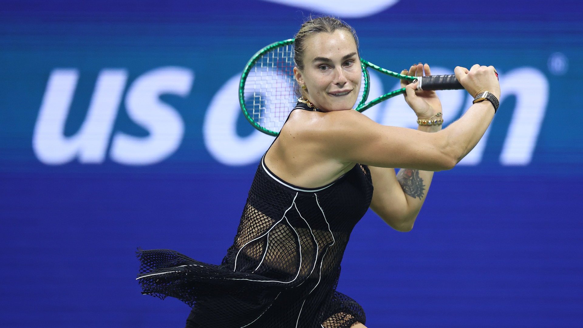 Aryna Sabalenka returns a shot during the 2026 US Open at USTA Billie Jean King National Tennis Center.