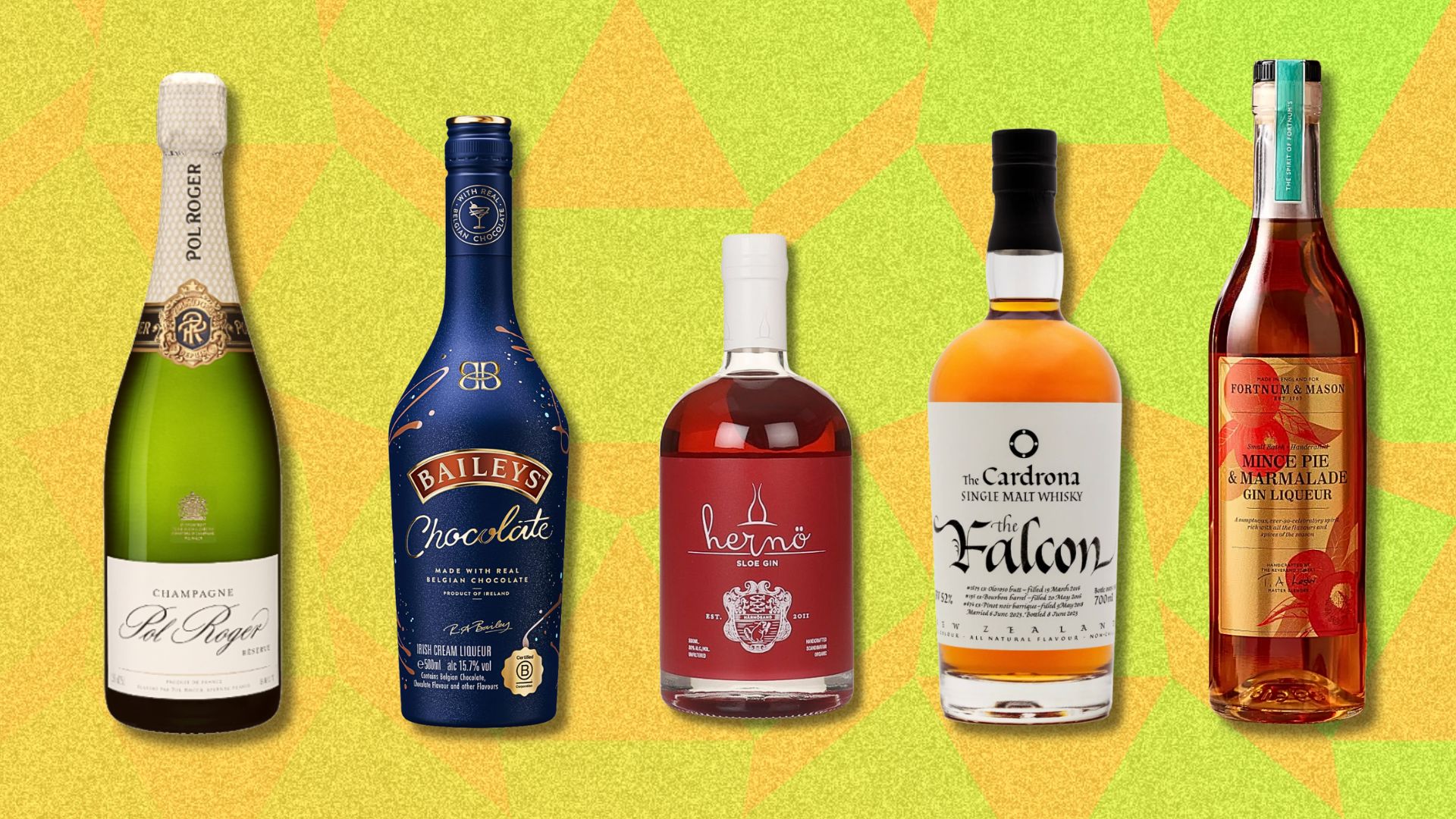 an image of five bottles, from L-R: Pol Roger, Bailey&#039;s, Herno sloe gin, Falcon whisky, and Fortnum and Mason christmas liqueur