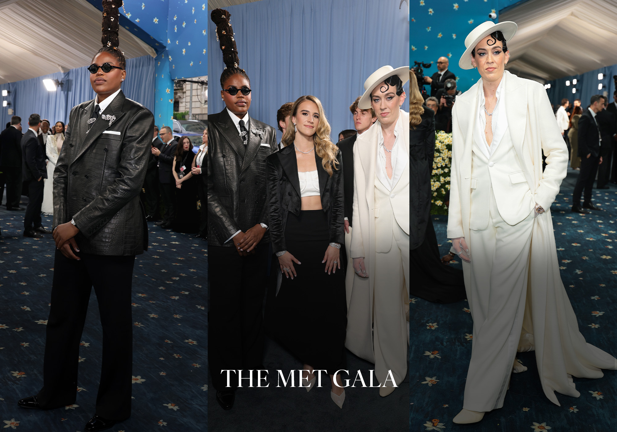 Three photos of New York Liberty players, Breanna Stewart, Sabrina Ionescu, and Jonquel Jones at the 2024 Met Gala.