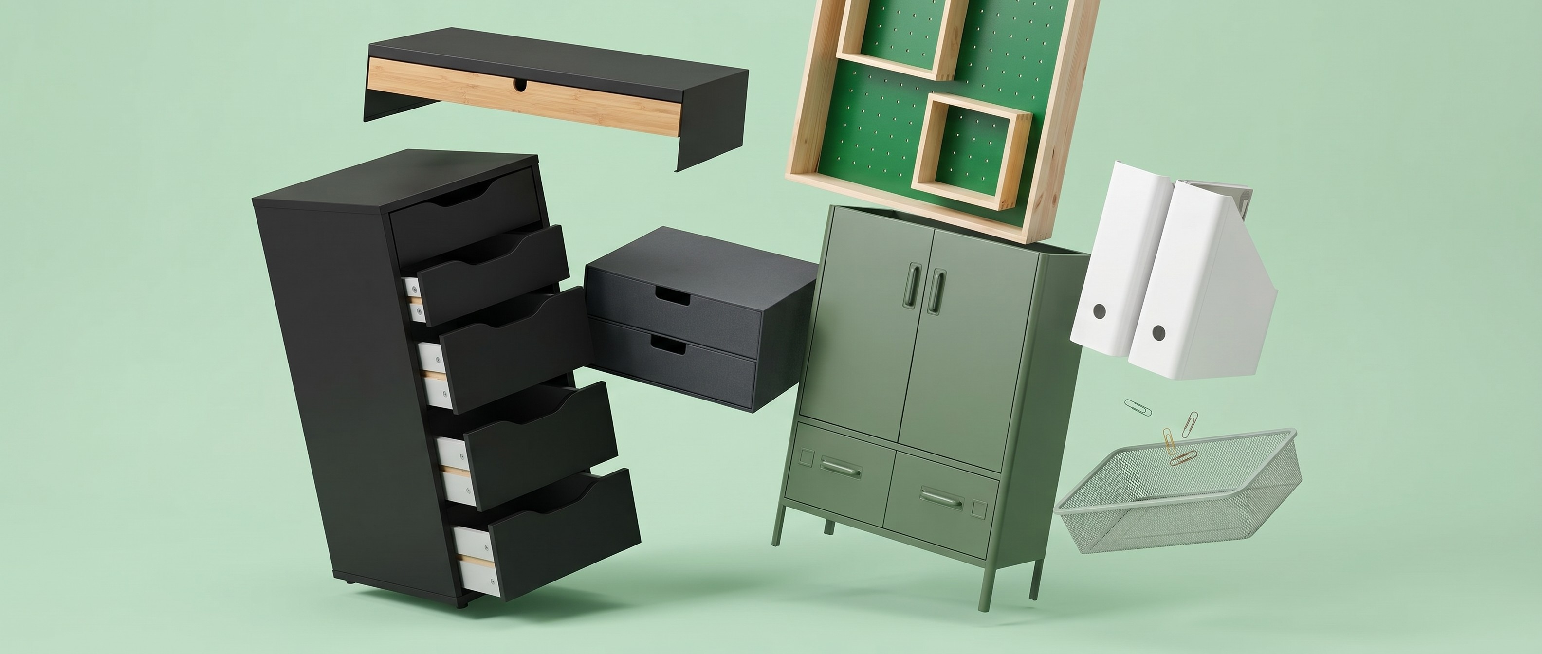 Collection of IKEA home office storage products on green background