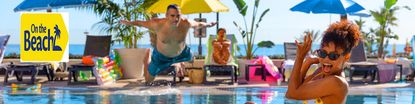 on the beach logo with a long banner of a man jumper in a pool and woman scared