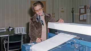 Katherine Johnson, NASA space scientist and mathematician, shown at work at NASA Langley Research Center in 1980 in Hampton, Virginia.
