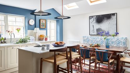 kitchen extension with blue walls in Victorian London home