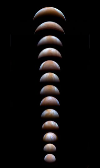 a series of images of Venus showing the swirly clouds in the atmosphere changing shape.