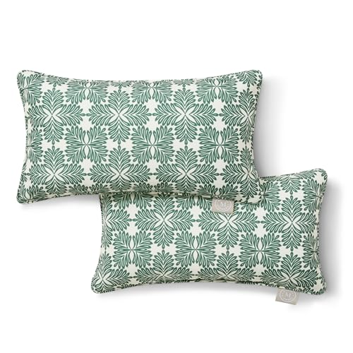 Martha Stewart Tulum Indoor Outdoor Decorative Lumbar Pillow 2-Pack Set, Uv Fade Resistant, Water Repellent, Printed Modern Design, Green, 11"x18"