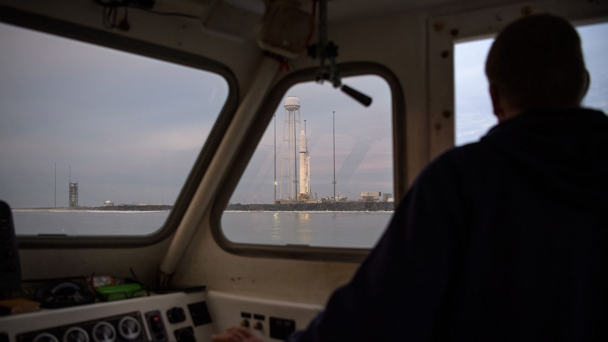 The Northrop Grumman Antares rocket is seen in the early morning on launch Pad-0A, Wednesday, Oct. 30, 2019, at NASA's Wallops Flight Facility in Virginia.