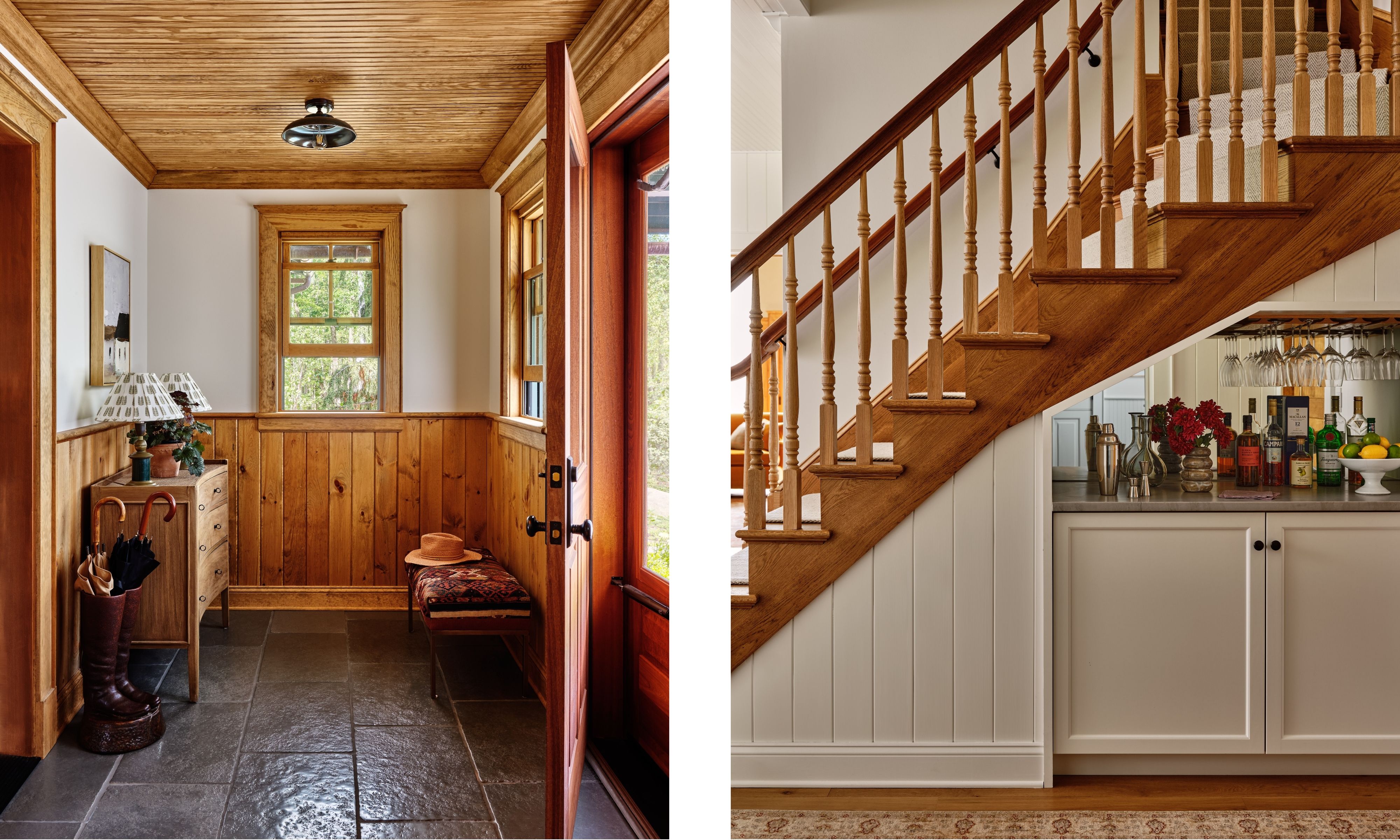 two side by side images of an entryway clad in pine panelling with stone floor and a curved wooden staircase with a bar tucked beneath