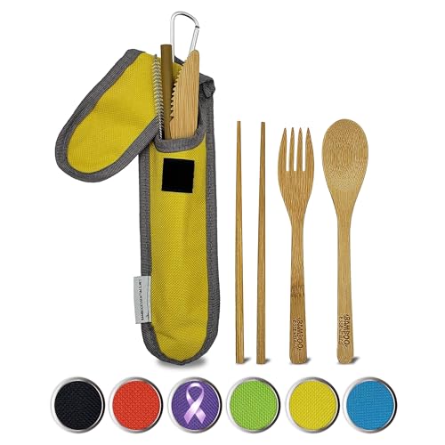 Travel Utensils With Case Set Fork, Knife, Spoon, Chopsticks, Straw, Straw-Cleaning Brush, Travel Pouch and Carabiner, Excellent for Everyday Use! ((1set) Sunrise Yellow)