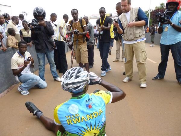 An exhausted Joseph Biziyaremye after his fine victory on the final day of the Tour of Rwanda.