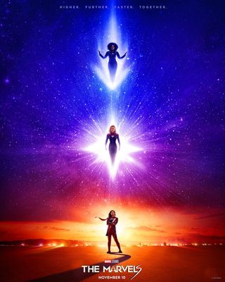The Ms. Marvel poster has Monica Rambeau (Teyonah Parris) above Carol Danvers (Brie Larson) above Kamala Khan (Iman Vellani), with the tag line "Higher. Further. Faster. Together."