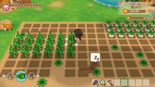 A player stands in a farm, surrounded by plots of planted vegetables